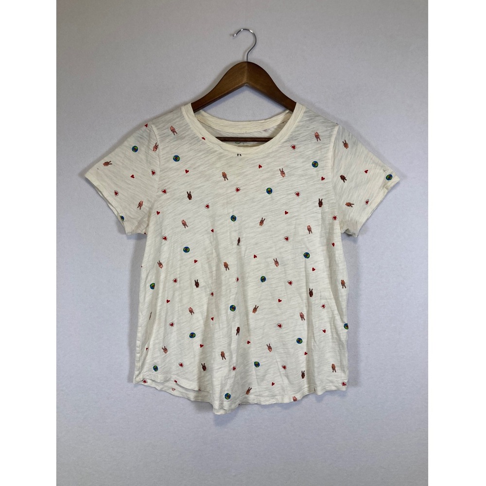 Old‎ Navy Graphic T-Shirt Womens Medium Cream Peace Sign Earth Heart Slub Cotton